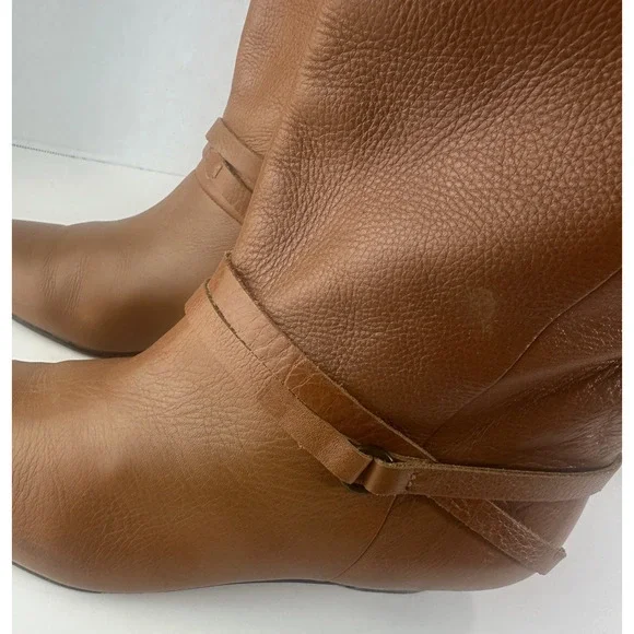 Frye Mid Calf Leather Boots Pull On Harness Strappy Brown Women's 8.5 M 37444 - Picture 13 of 16